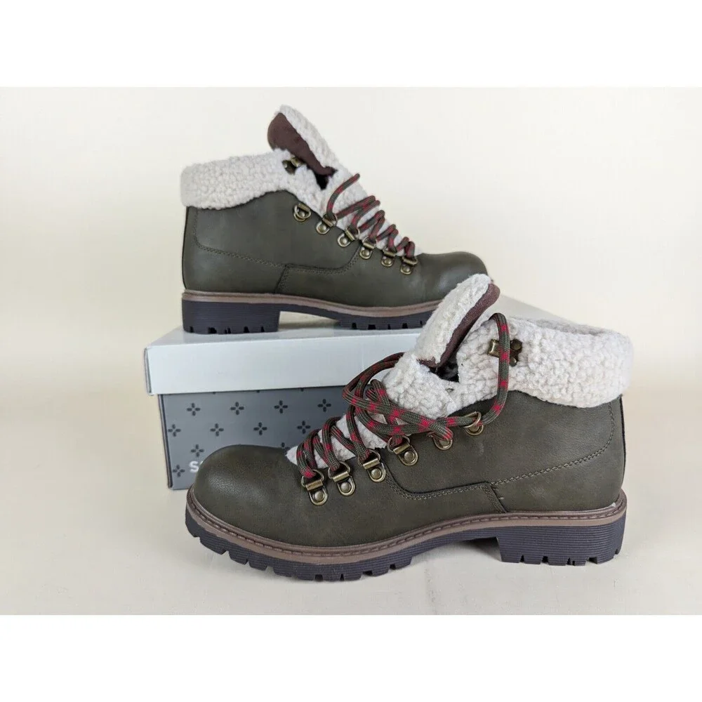 Sun Stone Glenn Winter Boots Mens 7.5 M Olive Faux Fur Trimmed Lace Up Shoes NWB